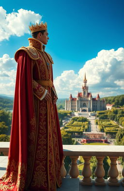 An elegantly dressed royal figure standing on a balcony overlooking a magnificent kingdom, wearing a lavishly detailed royal robe adorned with gold embroidery and jewels