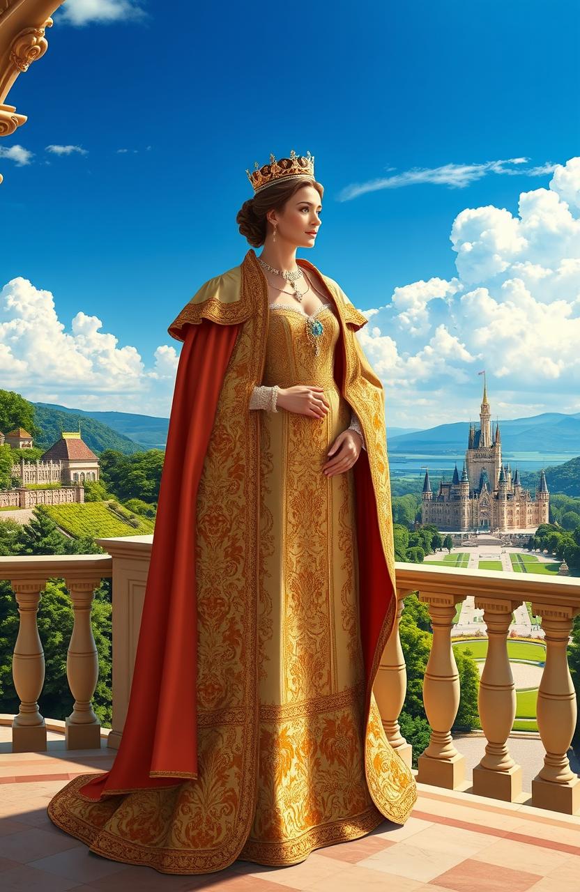 An elegantly dressed royal figure standing on a balcony overlooking a magnificent kingdom, wearing a lavishly detailed royal robe adorned with gold embroidery and jewels