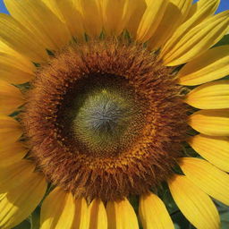 A large, vibrant sunflower with golden petals unfurling towards the sky in sharp detail.