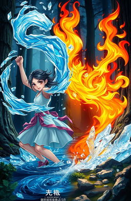 A vibrant scene depicting a girl wielding the powers of water and ice, showcasing her magical control over swirling water and shimmering ice crystals