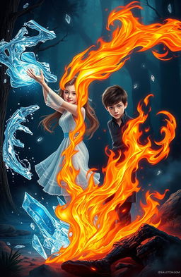 A vibrant scene depicting a girl wielding the powers of water and ice, showcasing her magical control over swirling water and shimmering ice crystals