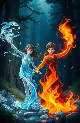 A vibrant scene depicting a girl wielding the powers of water and ice, showcasing her magical control over swirling water and shimmering ice crystals