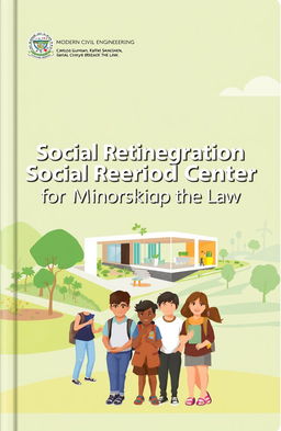 A book cover design featuring a modern civil engineering project titled 'Social Reintegration Center for Minors Who Break the Law'