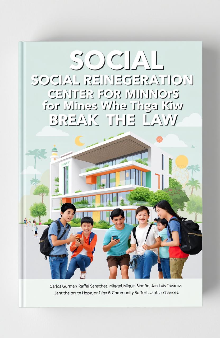 A book cover design featuring a modern civil engineering project titled 'Social Reintegration Center for Minors Who Break the Law'