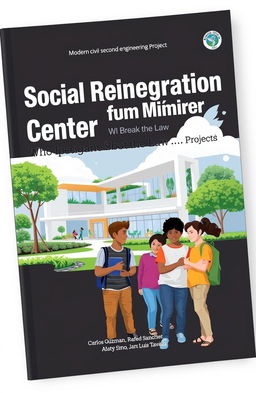 A book cover design featuring a modern civil engineering project titled 'Social Reintegration Center for Minors Who Break the Law'