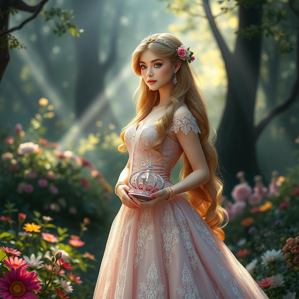 A beautiful princess standing gracefully in a lush enchanted forest, adorned in a stunning gown with delicate lace and sparkling embellishments