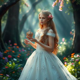 A beautiful princess standing gracefully in a lush enchanted forest, adorned in a stunning gown with delicate lace and sparkling embellishments