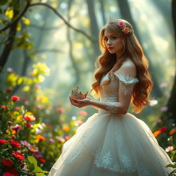 A beautiful princess standing gracefully in a lush enchanted forest, adorned in a stunning gown with delicate lace and sparkling embellishments