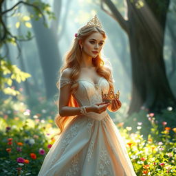 A beautiful princess standing gracefully in a lush enchanted forest, adorned in a stunning gown with delicate lace and sparkling embellishments