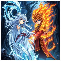 An anime-style illustration of a girl with powers of water and ice, her long hair flowing like a waterfall and adorned with shimmering ice crystals, showcasing her mastery over these elements