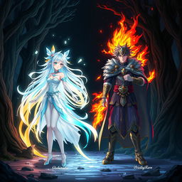 A 3D anime-style illustration featuring a girl with powers of water and ice, her ethereal form marked by flowing hair that glistens like water and glimmers with ice shards