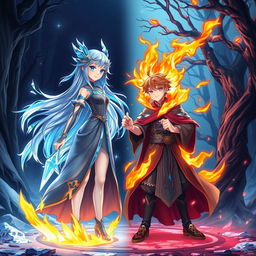 A 3D anime-style illustration featuring a girl with powers of water and ice, her ethereal form marked by flowing hair that glistens like water and glimmers with ice shards