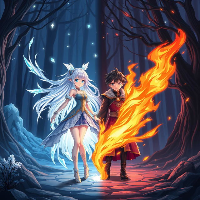 A 3D anime-style illustration featuring a girl with powers of water and ice, her ethereal form marked by flowing hair that glistens like water and glimmers with ice shards