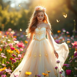 A radiant princess, daughter of the light, standing in a sun-drenched meadow filled with blooming flowers of various colors