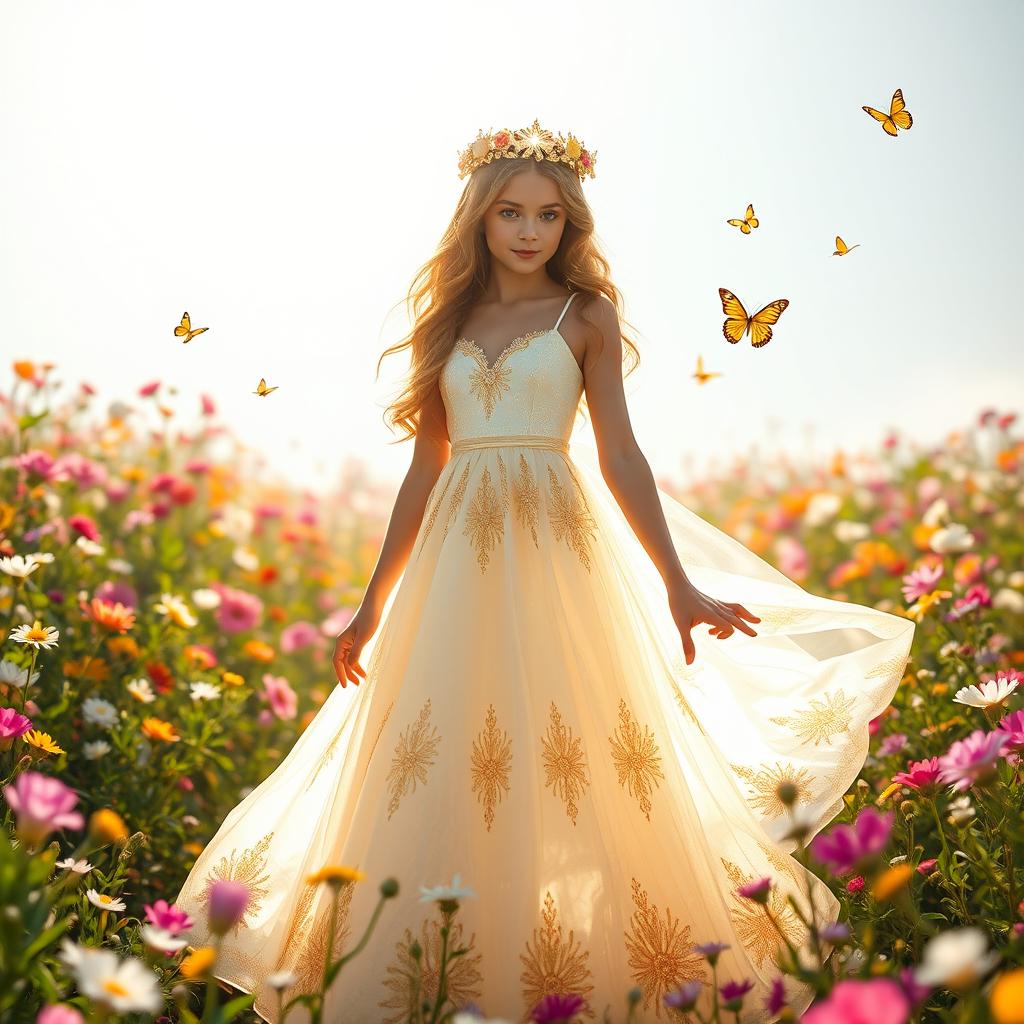 A radiant princess, daughter of the light, standing in a sun-drenched meadow filled with blooming flowers of various colors