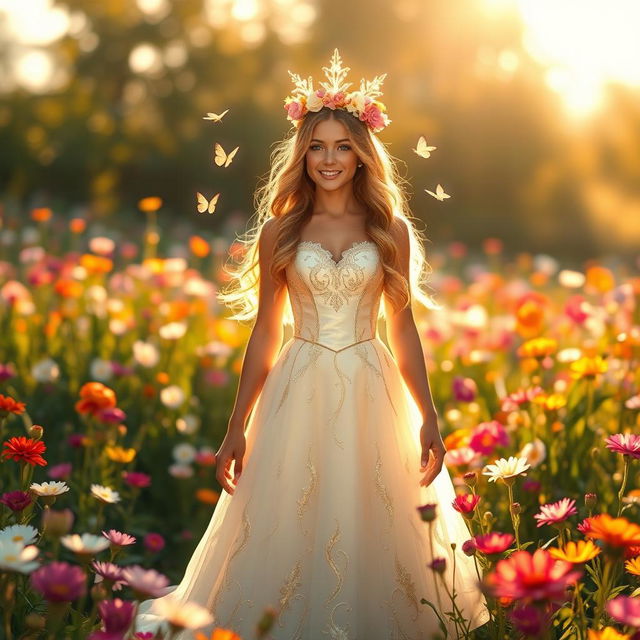 A radiant princess, daughter of the light, standing in a sun-drenched meadow filled with blooming flowers of various colors