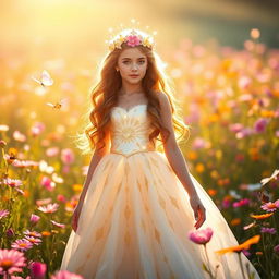 A radiant princess, daughter of the light, standing in a sun-drenched meadow filled with blooming flowers of various colors