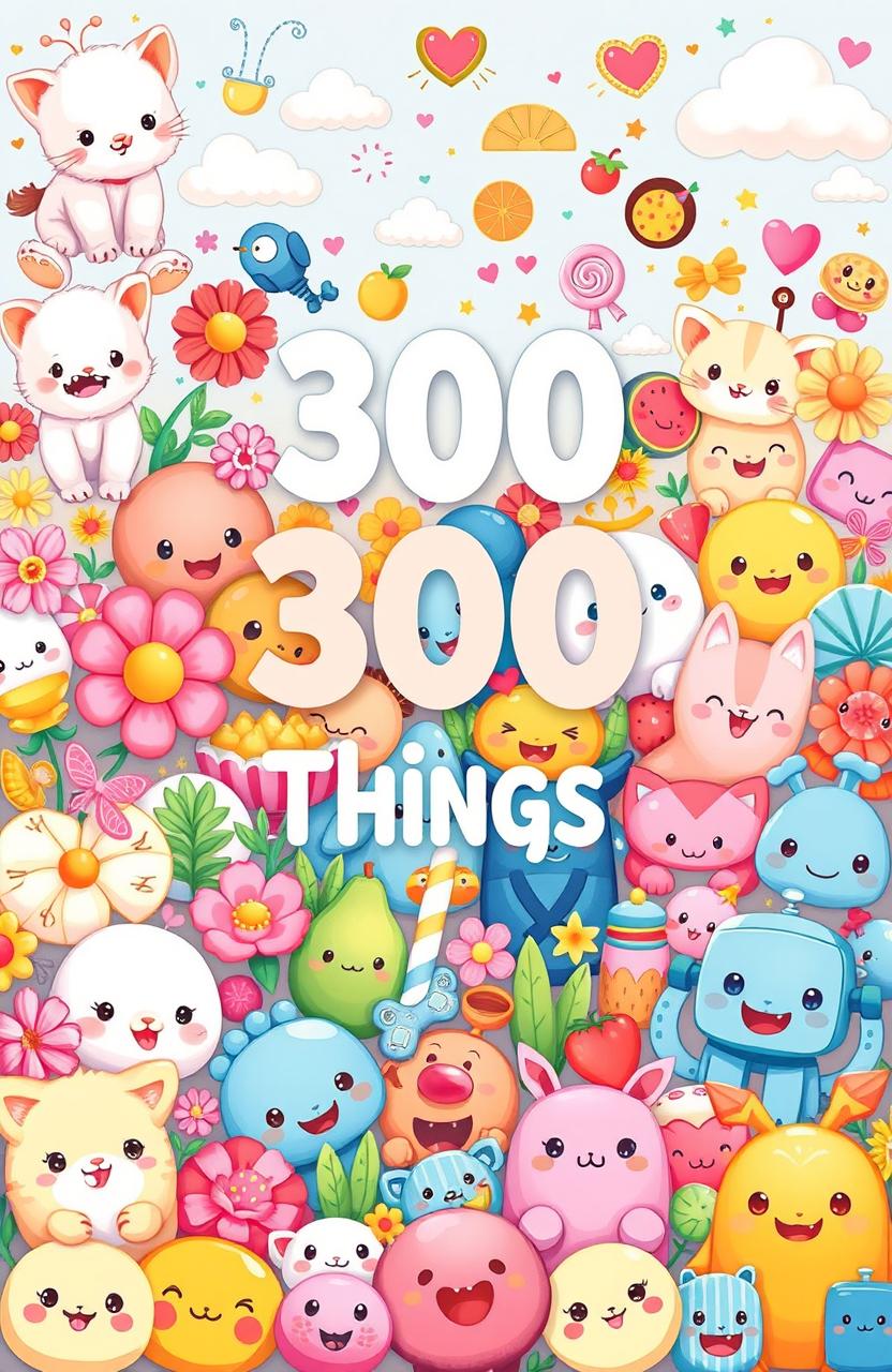 An artistic illustration depicting a vibrant collection of 300 cute and adorable things