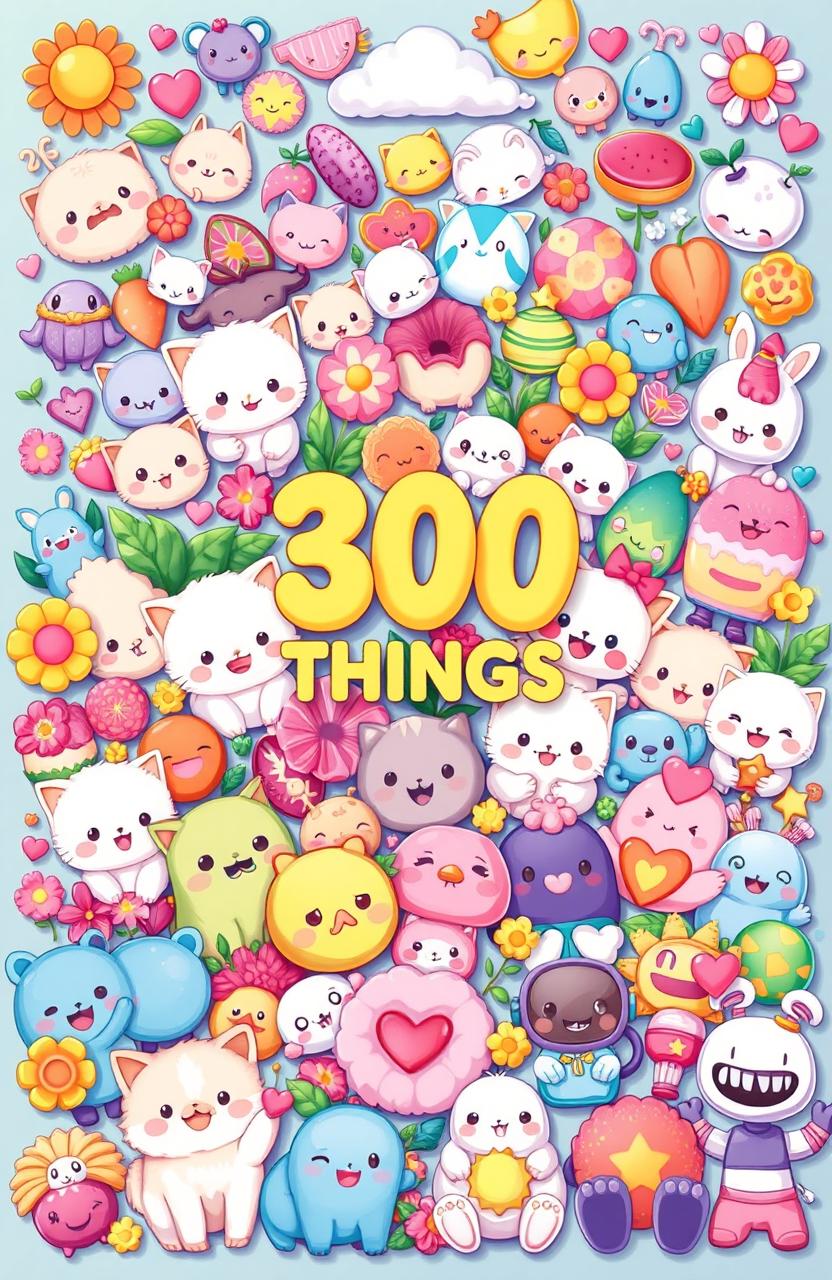 An artistic illustration depicting a vibrant collection of 300 cute and adorable things