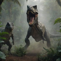 A dynamic and heart-stopping scene depicting a ferocious Indominus Rex lunging towards a defensive T-Rex amid the dense vegetation of a Jurassic jungle