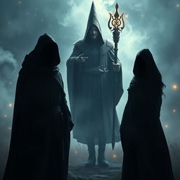 An intriguing scene featuring a faceless man and woman standing side by side, their identities obscured by flowing cloaks and shadowy silhouettes, creating an air of mystery