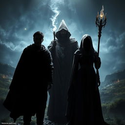 An intriguing scene featuring a faceless man and woman standing side by side, their identities obscured by flowing cloaks and shadowy silhouettes, creating an air of mystery