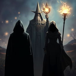 An intriguing scene featuring a faceless man and woman standing side by side, their identities obscured by flowing cloaks and shadowy silhouettes, creating an air of mystery