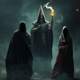 An intriguing scene featuring a faceless man and woman standing side by side, their identities obscured by flowing cloaks and shadowy silhouettes, creating an air of mystery