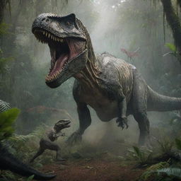 A dynamic and heart-stopping scene depicting a ferocious Indominus Rex lunging towards a defensive T-Rex amid the dense vegetation of a Jurassic jungle