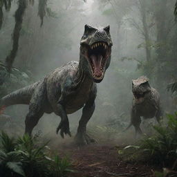 A dynamic and heart-stopping scene depicting a ferocious Indominus Rex lunging towards a defensive T-Rex amid the dense vegetation of a Jurassic jungle