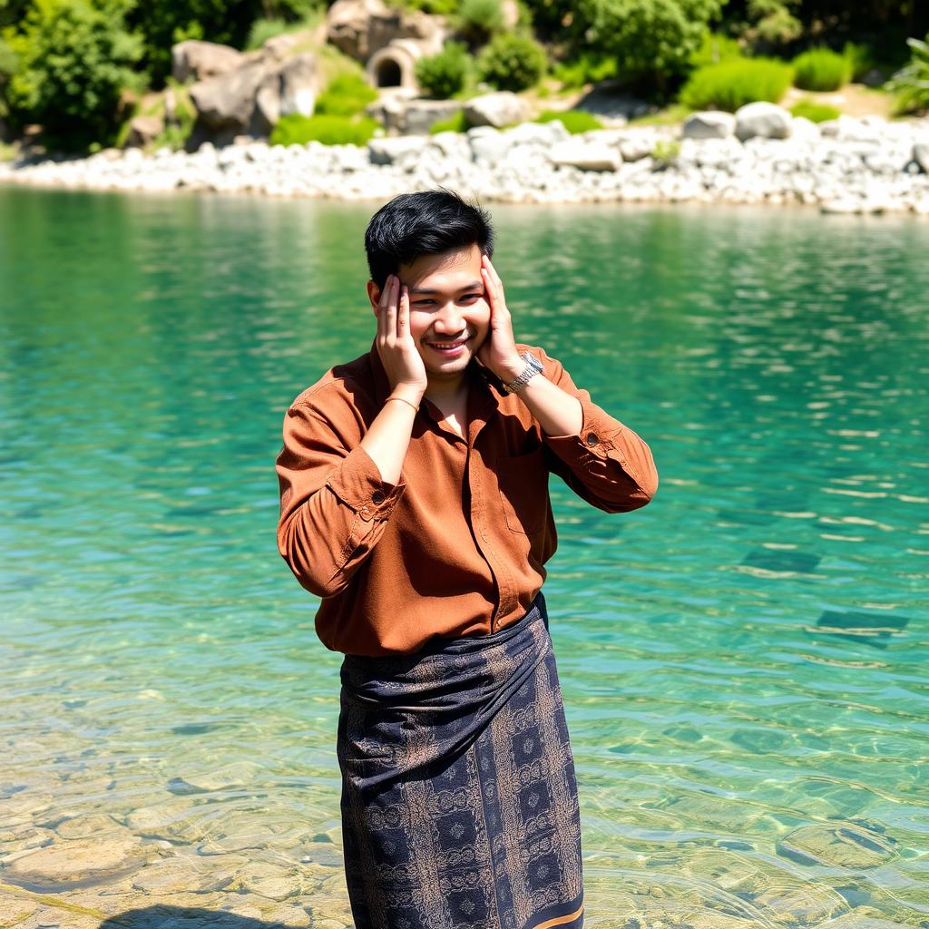 An attractive Asian man with fair skin, wearing a brown flannel shirt and black batik-patterned sarong, is standing by the edge of a river with crystal clear, pristine water