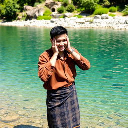 An attractive Asian man with fair skin, wearing a brown flannel shirt and black batik-patterned sarong, is standing by the edge of a river with crystal clear, pristine water