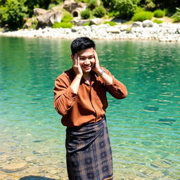 An attractive Asian man with fair skin, wearing a brown flannel shirt and black batik-patterned sarong, is standing by the edge of a river with crystal clear, pristine water