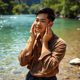 An attractive Asian man with fair skin, wearing a brown flannel shirt and black batik-patterned sarong, is standing by the edge of a river with crystal clear, pristine water