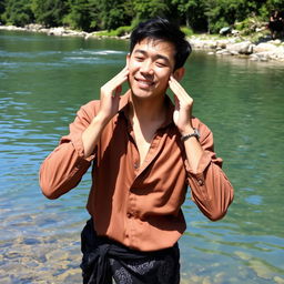 An attractive Asian man with fair skin, wearing a brown flannel shirt and black batik-patterned sarong, is standing by the edge of a river with crystal clear, pristine water