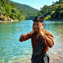 An attractive Asian man with fair skin, wearing a brown flannel shirt and black batik-patterned sarong, is standing by the edge of a river with crystal clear, pristine water