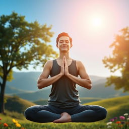 A serene and peaceful scene depicting a person practicing yoga outdoors at sunrise