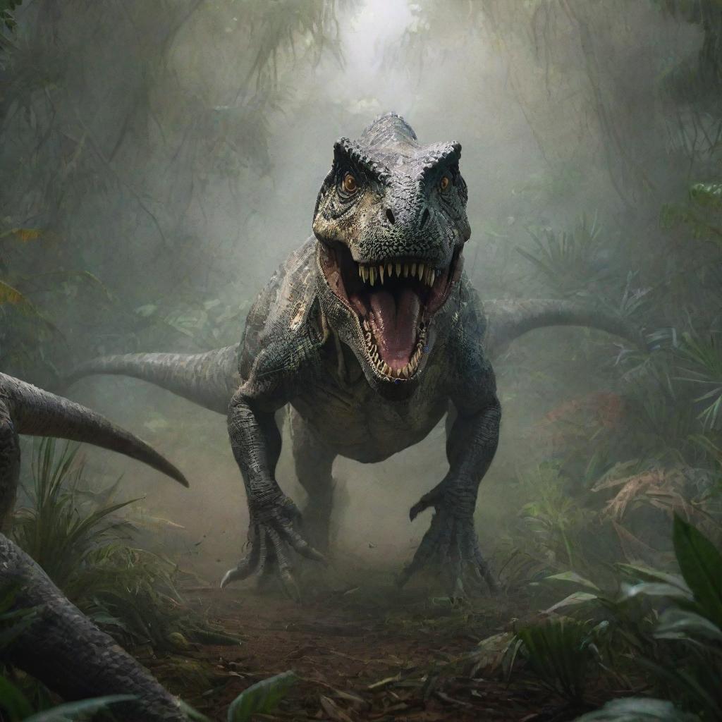 A dynamic and heart-stopping scene depicting a ferocious Indominus Rex lunging towards a defensive T-Rex amid the dense vegetation of a Jurassic jungle