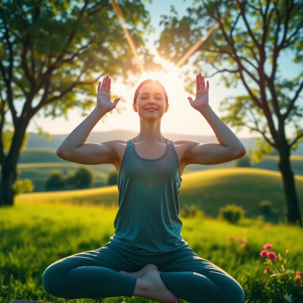 A serene and peaceful scene depicting a person practicing yoga outdoors at sunrise