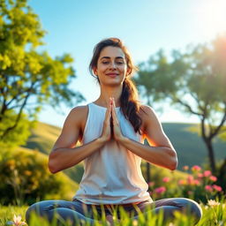 A serene and peaceful scene depicting a person practicing yoga outdoors at sunrise