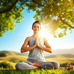 A serene and peaceful scene depicting a person practicing yoga outdoors at sunrise