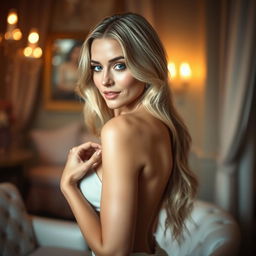 A beautiful blonde woman posing in an elegant and sophisticated manner, exuding sensuality