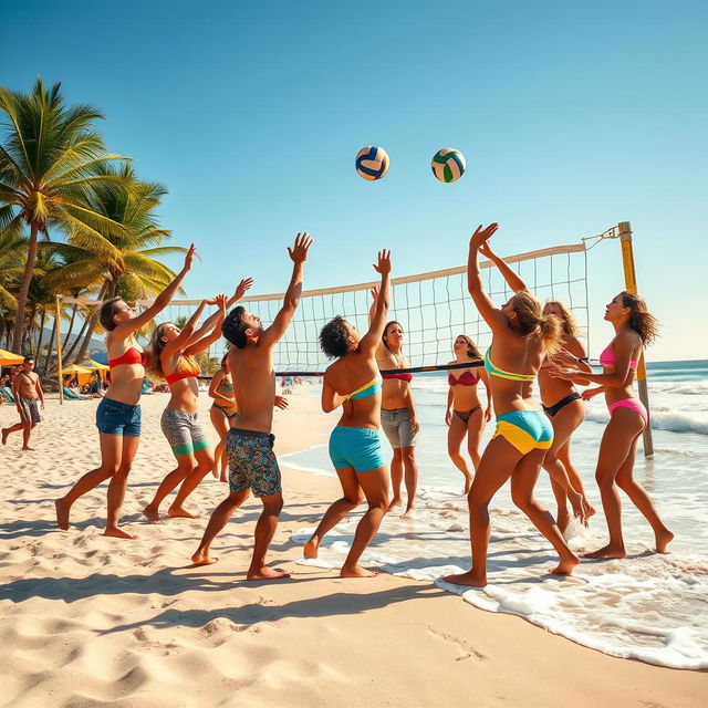 A vibrant beach scene featuring a group of athletic players engaged in an intense game of beach volleyball