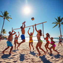 A vibrant beach scene featuring a group of athletic players engaged in an intense game of beach volleyball