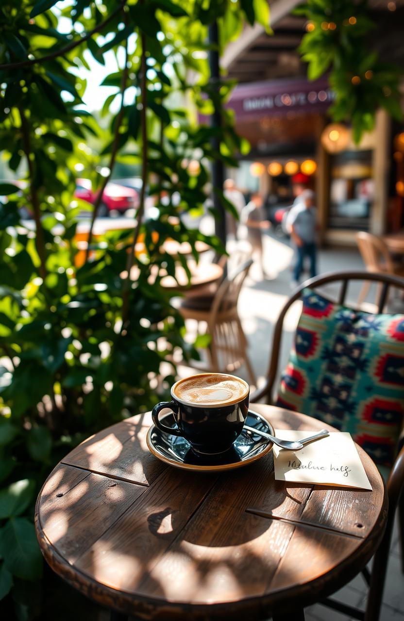 A beautifully arranged outdoor cafe scene featuring a small, rustic wooden table with a steaming cup of coffee placed on it, surrounded by lush greenery and dappled sunlight filtering through the leaves, creating soft shadows on the table