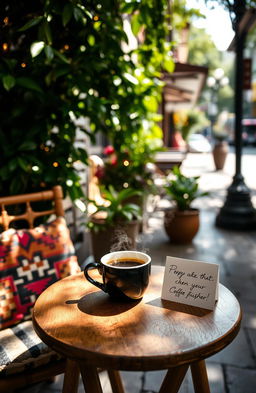 A beautifully arranged outdoor cafe scene featuring a small, rustic wooden table with a steaming cup of coffee placed on it, surrounded by lush greenery and dappled sunlight filtering through the leaves, creating soft shadows on the table