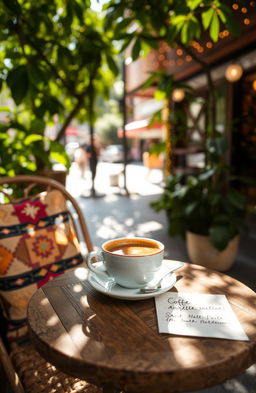 A beautifully arranged outdoor cafe scene featuring a small, rustic wooden table with a steaming cup of coffee placed on it, surrounded by lush greenery and dappled sunlight filtering through the leaves, creating soft shadows on the table