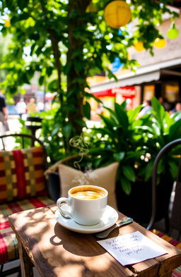 A beautifully arranged outdoor cafe scene featuring a small, rustic wooden table with a steaming cup of coffee placed on it, surrounded by lush greenery and dappled sunlight filtering through the leaves, creating soft shadows on the table