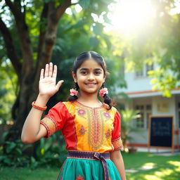 A schoolgirl in a traditional dress performing a 'Namaste' greeting