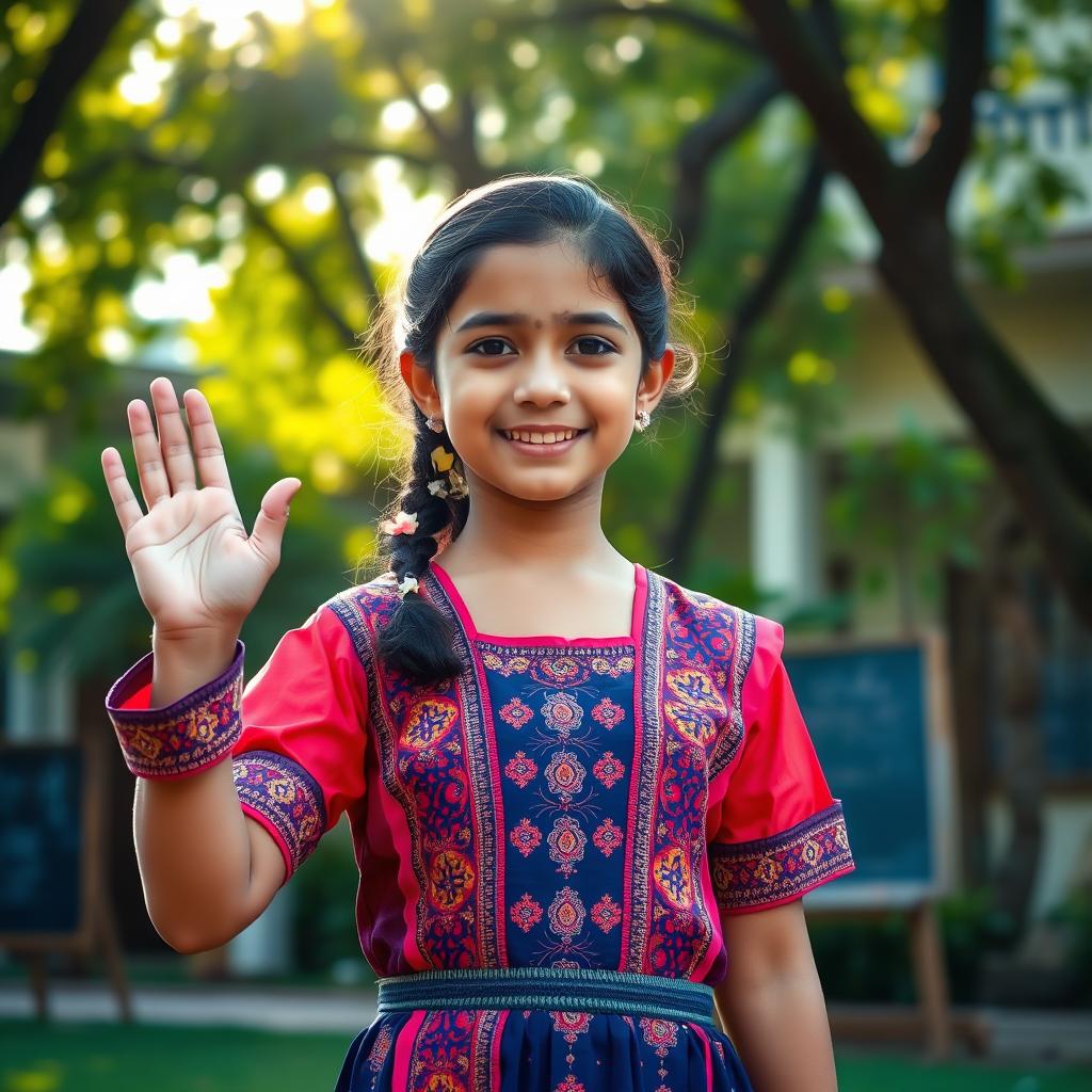 A schoolgirl in a traditional dress performing a 'Namaste' greeting